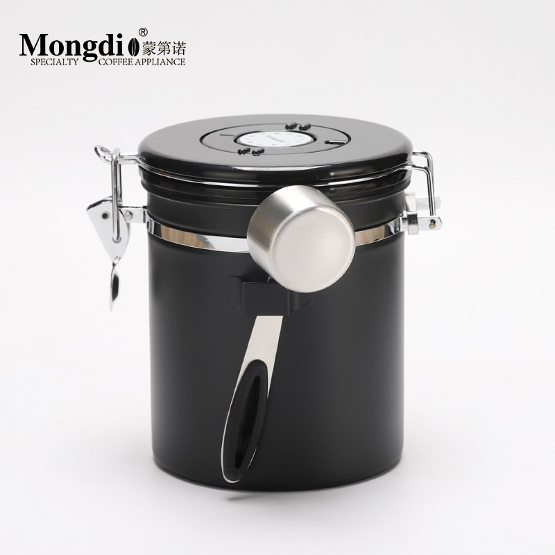 Mongdio咖啡豆储存罐 304不锈钢咖啡罐 咖啡粉密封罐带勺 单项排气可设日期-带勺黑色1.5L（约装500g）