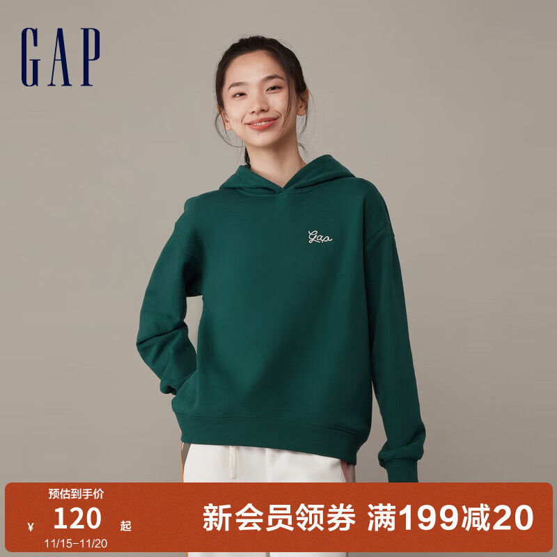 Gap女装冬季款LOGO宽松廓形落肩运动卫衣841068洋气连帽衫 苔藓绿 170/88A(L)亚洲尺码