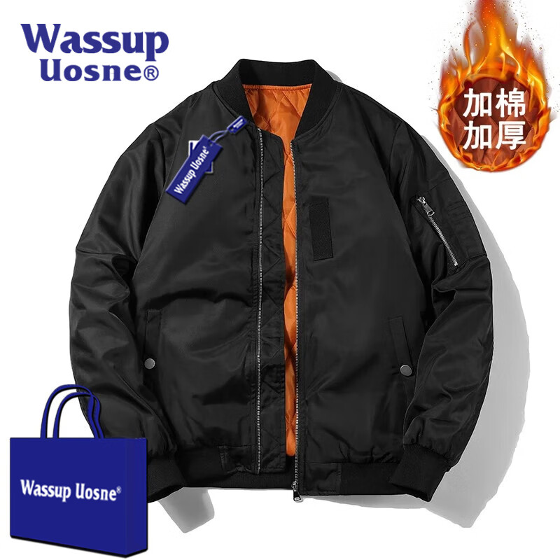 WASSUP UOSNE潮牌ma1飞行员夹克男女款美式复古休闲外套春秋季宽松棒球服男装 2029J黑色（加棉款） L （建议100-135斤）