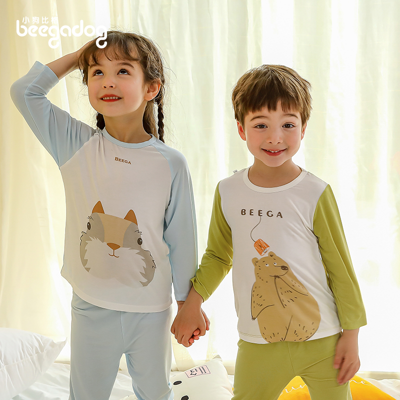 小狗比格儿童莫代尔家居服夏季男女宝宝长袖空调服薄款睡衣套装 7275蓝色（店长推荐） 130cm建议5-6岁【无肩扣/不可开裆】