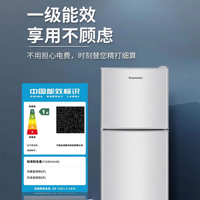 ROYANSTANY 188升双门小型家用电冰箱  一级能效 安静运行冷冻冷藏 租房宿舍 126L 【3天约一度电】一级能效  银色
