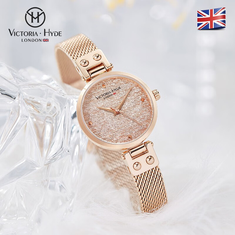 VICTORIA·HYDE火花手表女满天星学生轻奢潮流小众礼物情人节送女友维多利亚海德 黑色钢带单表