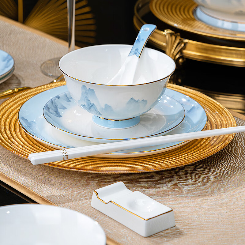 国玥景德镇酒店摆台套装骨瓷餐具整套陶瓷碗盘组合釉中彩饭店碗筷盘碟