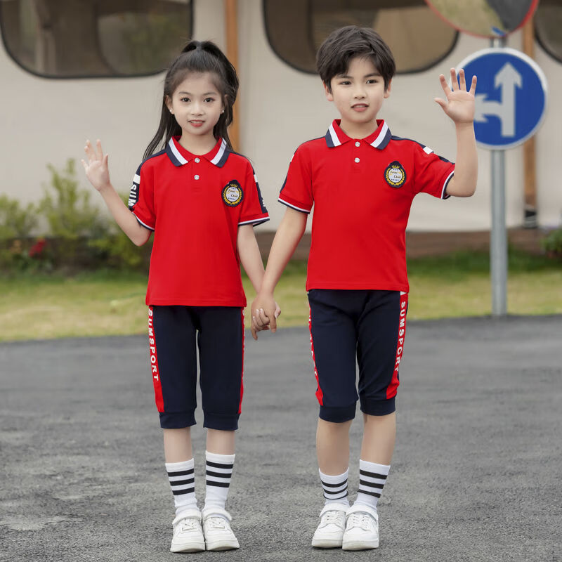 孩子夏天穿的幼儿园园服夏季七分裤小学生校服班服棉字母好看的 红色