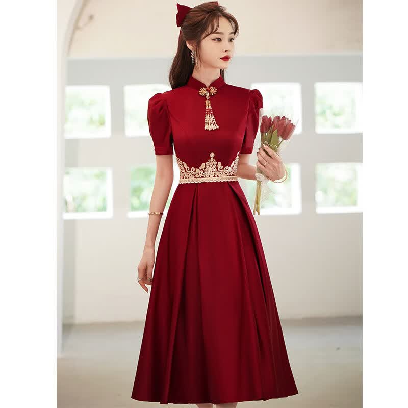 塞德勒（SAIDELE）敬酒服新娘2023新款夏季结婚旗袍订婚连衣裙回门礼服中式立领缎面 酒红色中长款 XXL (建议126-135斤)怎么看?