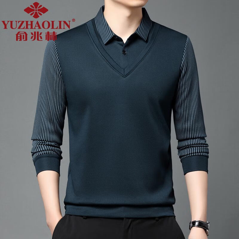 俞兆林假两件长袖t恤男士冬季新款加绒保暖衬衫领男装一体绒休闲卫衣服 哈青 4XL (190) (建议190-210斤穿)