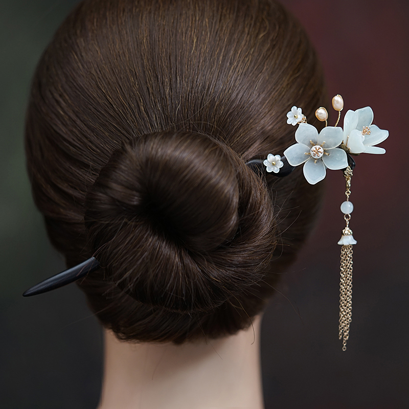 黑檀木簪子手工玉簪花汉服古装岫玉古风并蒂百合花古典发簪盘挽发