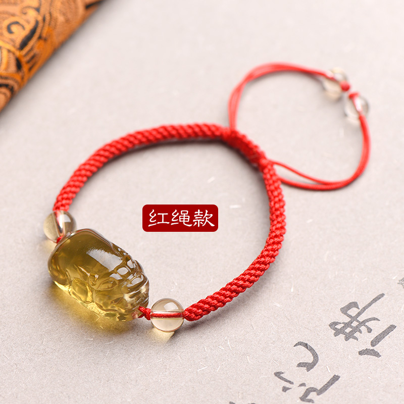慈灵阁 天然黄水晶貔貅手链本命年红绳手串情侣招财转运珠男女创意
