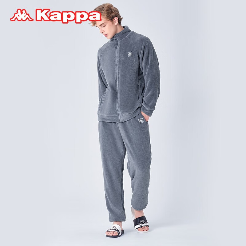 KAPPA卡帕冬季男士睡衣羽丝绒保暖【上衣】立领开衫拉链可外穿加绒家居 灰蓝 L 建议(120-140斤)