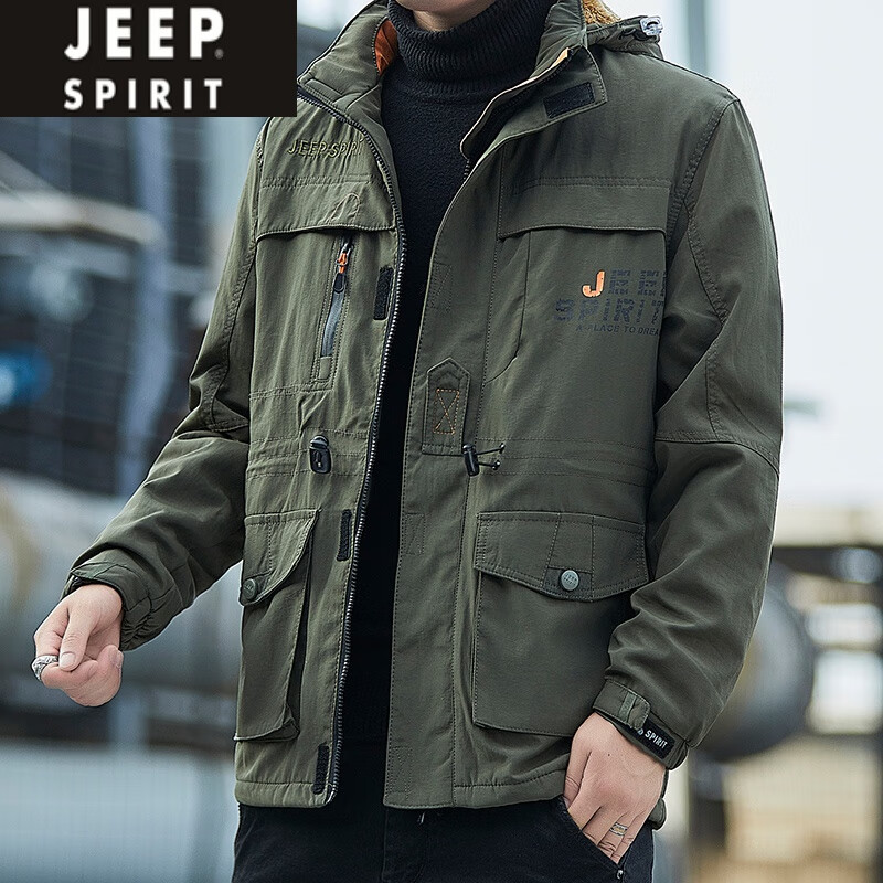 JEEP SPIRIT冬季加绒加厚多口袋工装棉衣男士大码宽松户外登山外套保暖冲锋衣 军绿色 L