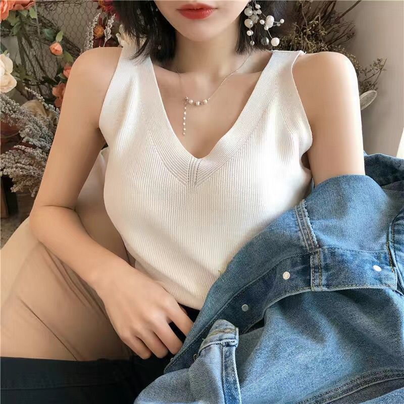 怡曼芙吊带背心女外穿夏季无袖针织衫韩版凉感V领短款冰丝打底衫上衣潮 白色 均码 -建议85-130斤
