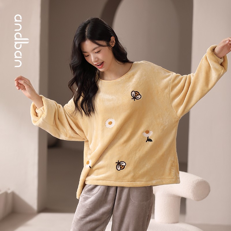 安之伴睡衣女秋冬法兰绒长袖套头圆领卡通多色保暖舒适可外穿家居服套装 冰兰(法兰绒锁温又柔软) L