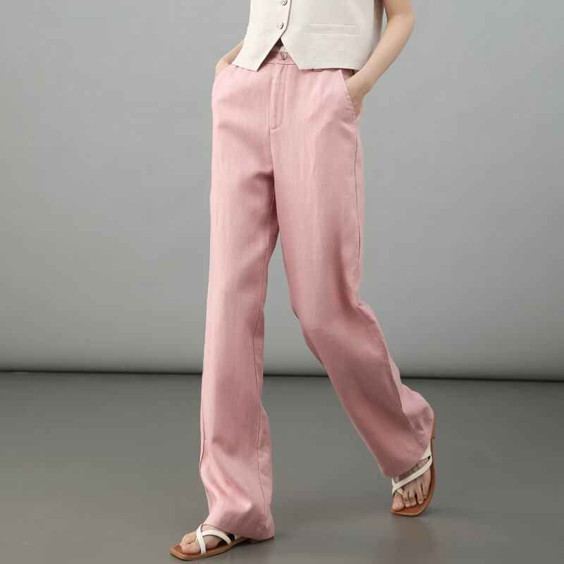 凌丹娜樱花粉亚麻阔腿裤女夏季薄款垂感天丝女裤宽松休闲直筒裤冰丝长裤 卡色 33码