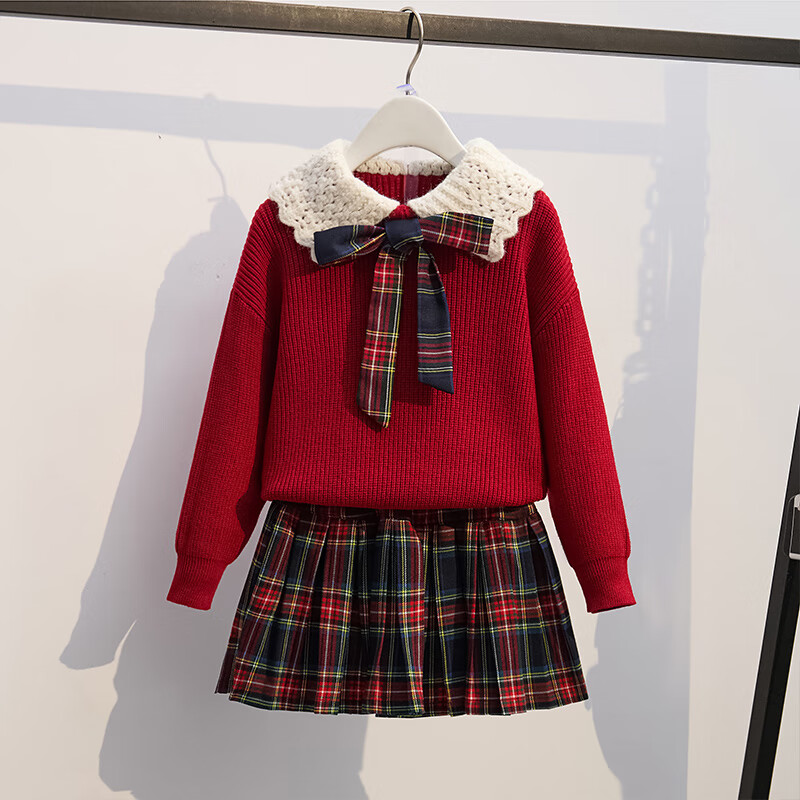 格素凡十二岁女孩本命年衣服女童针织套头毛衣两件套儿童秋冬新款洋气