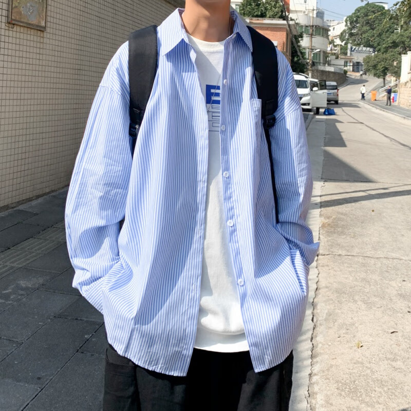 舒晋秋季新款浅蓝色条纹衬衫男长袖宽松港风休闲内搭潮流衬衣男士外套