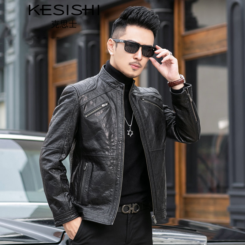 克思士高档品牌男装油蜡头层牛皮真皮皮衣男秋冬新款修身短款立领夹克