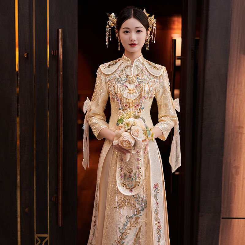 希苏隆2023新款金色秀禾服新娘中式婚纱礼服重工奢华敬酒服出阁服女 香槟色 2XL怎么样,好用不?