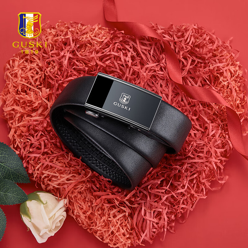 古士旗（GUSKI）皮带男真皮自动扣品牌男士腰带头层牛皮高档生日情人节礼物送男友 内穿/专柜礼盒/枪色(二层/牛皮) 120cm 190斤内/可剪/超出备注身高体重