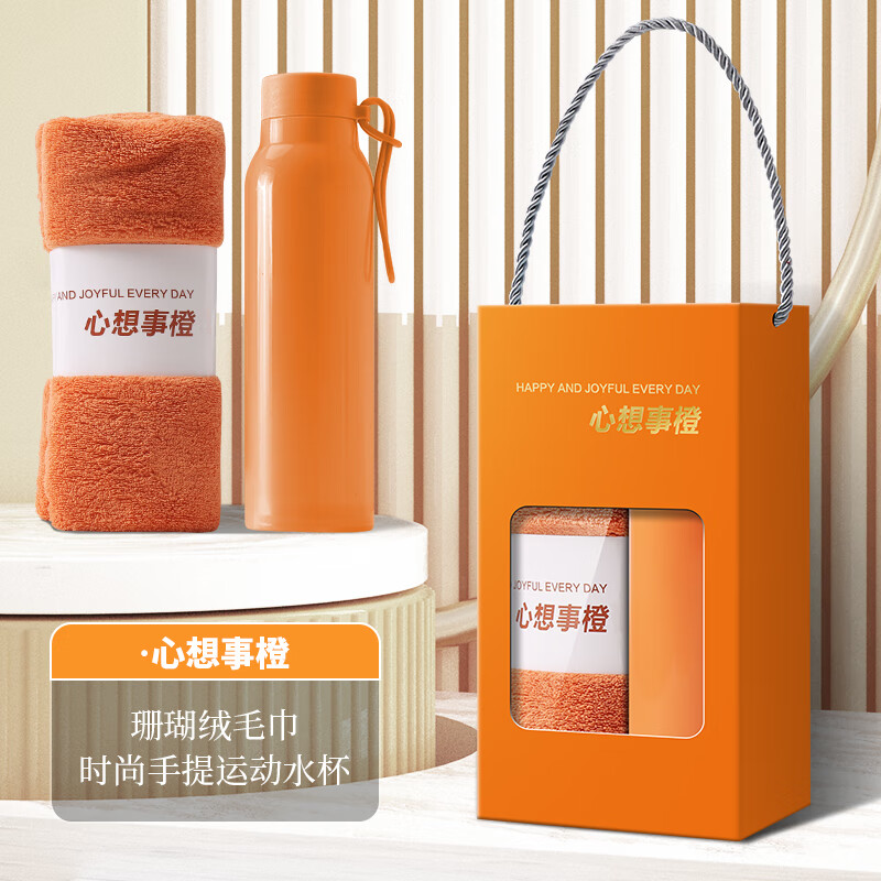 轩伴年会伴手礼实用小礼品笔记本保温杯雨伞风扇礼盒定制LOGO公司团建开业活动赠品送员工客户随手礼物 心想事橙+玻璃杯+毛巾+礼袋