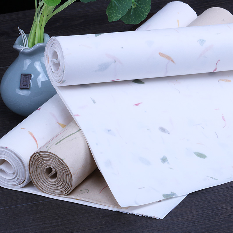 草宣纸四尺六尺对开整张半生半熟植物印花茶叶黄花红花包装宣纸毛笔