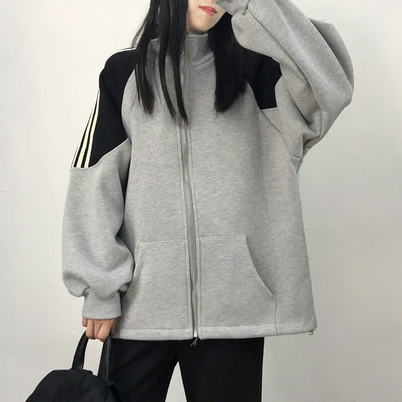 卫衣女宽松韩版棒球服ins潮春秋季2021新款款开衫拉链学生外套 浅灰色