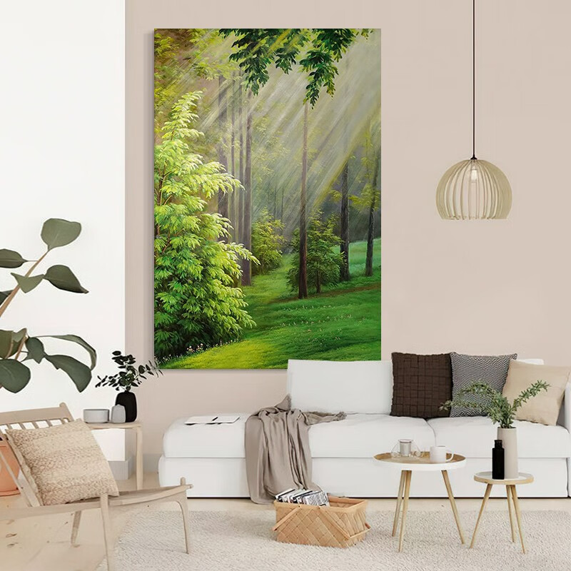 艺幻丁达尔效应纯手绘油画客厅绿色森林风景装饰画玄关晨曦绿色系挂画
