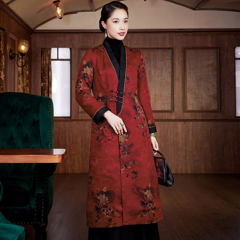 玺玥中国风香云纱夹棉长款唐装外套2025冬季新款风衣新年棉衣棉服新年 红色 L (体重105~115)