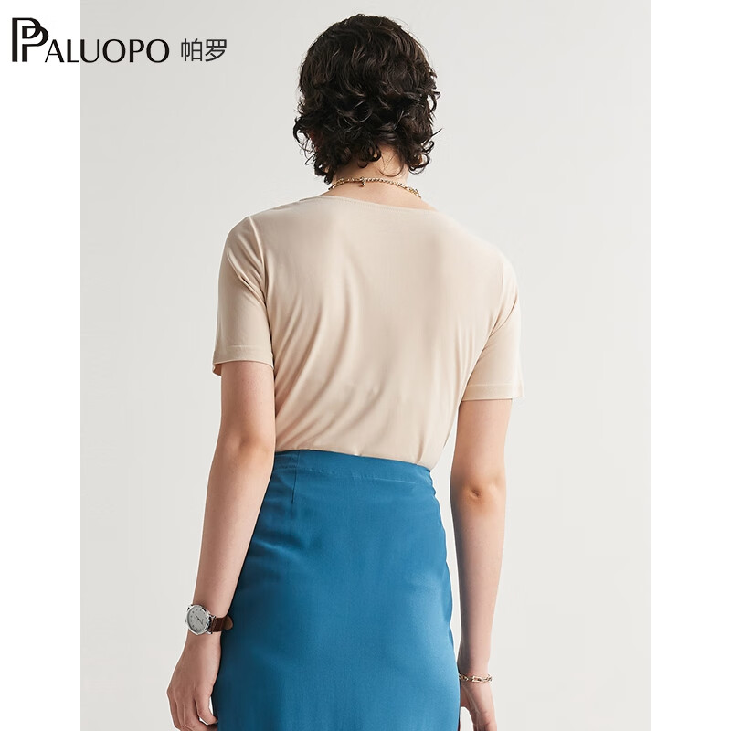 帕罗（PALUOPO）纯色莫代尔v领短袖t恤女交叠领打底衫夏季新款上装性感半袖衣服 米色 M (160/84A)