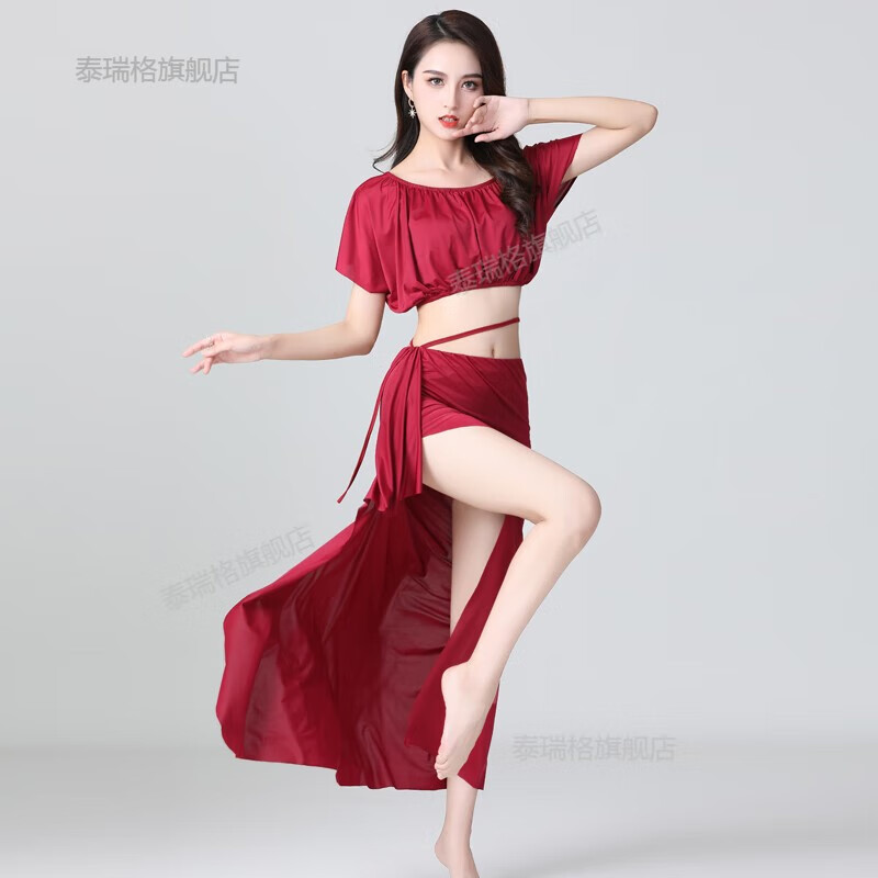 泰瑞格肚皮舞練功服裝女2021年新款套裝仙夏季東方舞蹈服初學(xué)者性感長裙 酒紅色（上衣+裙子） M