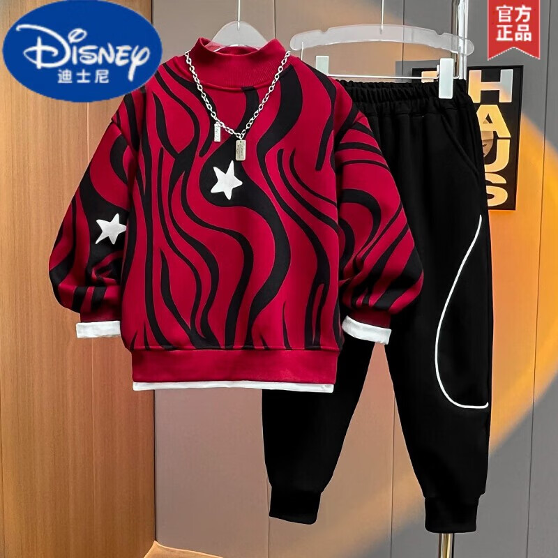 迪士尼（Disney）男童秋冬套装2025新款儿童加绒休闲卫衣酷帅洋气大男孩秋冬衣服洋 红色三杆印花加绒套装 150cm