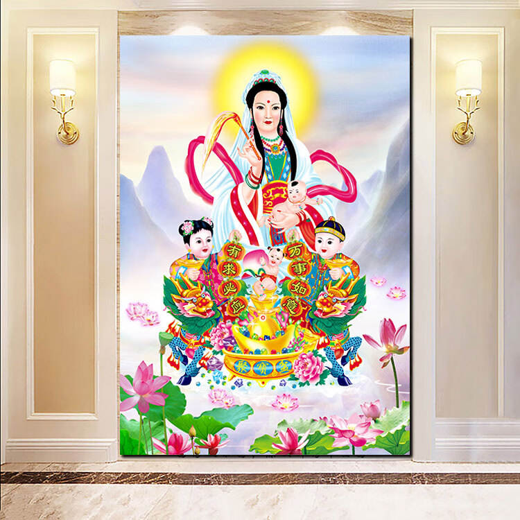 送子观音娘娘画像菩萨求子图片装饰挂画中堂供奉神像壁画自粘海报