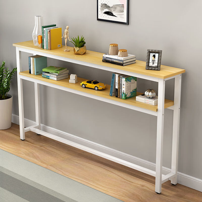 桌阳台长条桌书桌客厅靠墙长条桌子吧台长桌简易窄桌卧 黄胡桃色 白架