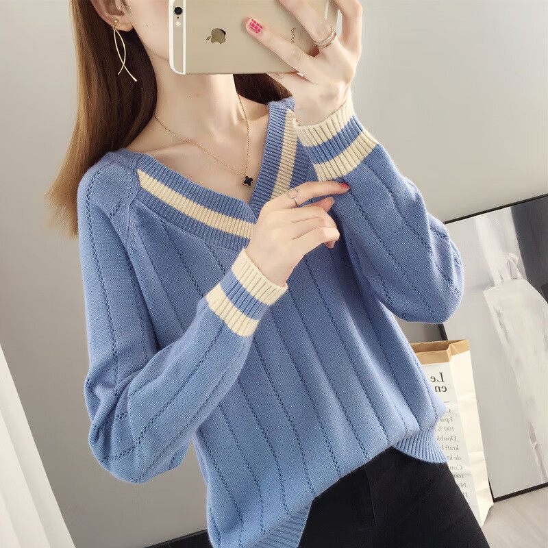 ujxw 秋冬鸡心领打底毛衣女年秋冬新款领毛衣女宽松显瘦时尚鸡心领