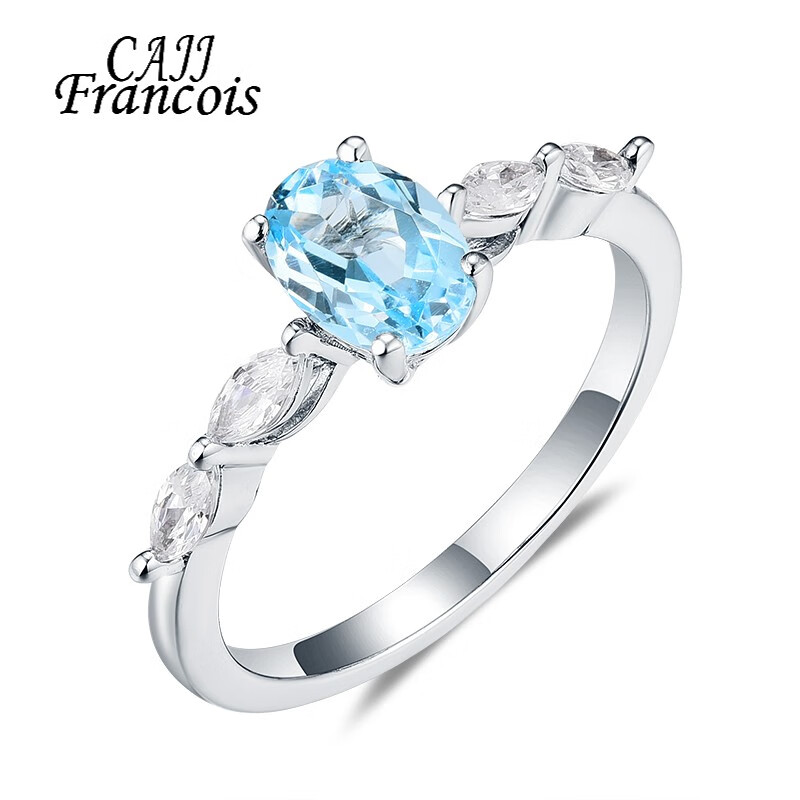 CAJJ Francois 0.95克拉蓝色托帕石戒指女 天然彩宝 珠宝 925银镶嵌宝石锆石 11号