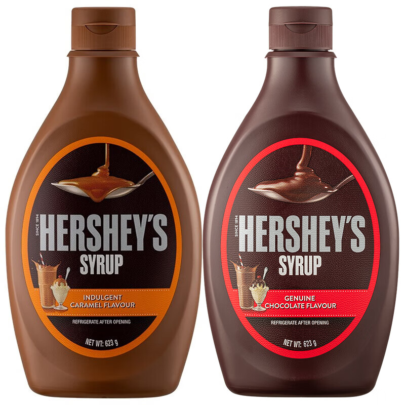 好时（Hershey’s）原装进口巧克力味可可酱焦糖糖浆巧克力酱咖啡伴侣奶茶圣代酱烘焙 焦糖糖浆 623g +可可酱623g
