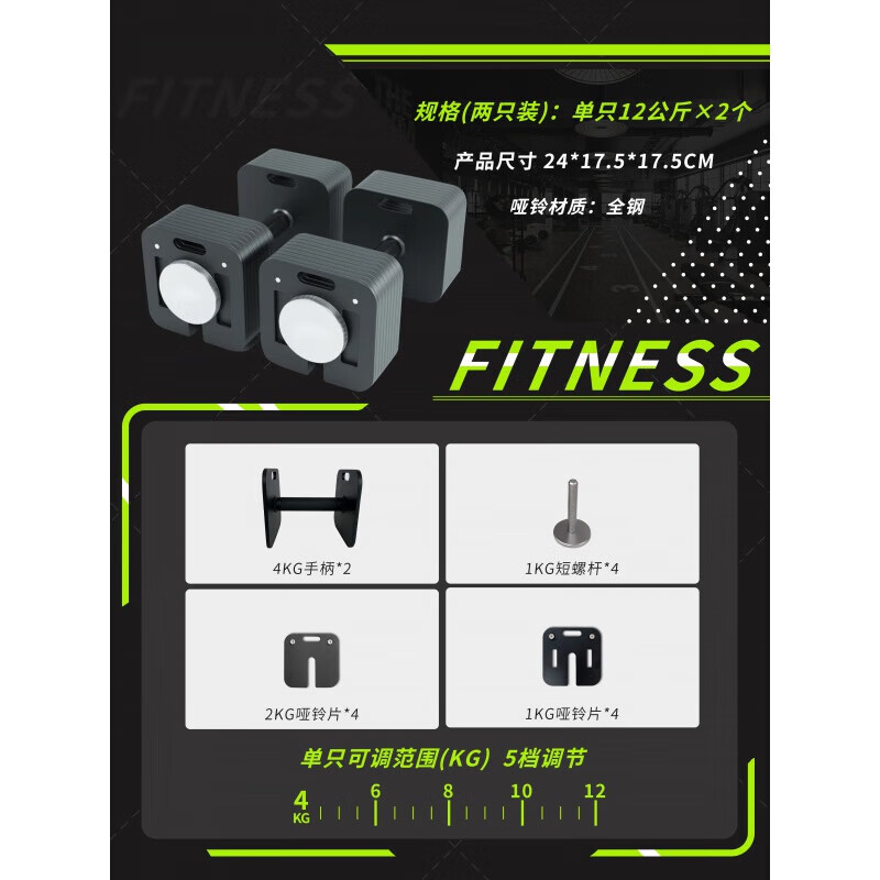 大师传奇哑铃插片式可调节高效可拆卸多功能纯钢男女健身器材家庭 单支12kg×2支＝24kg 精钢快拆健身