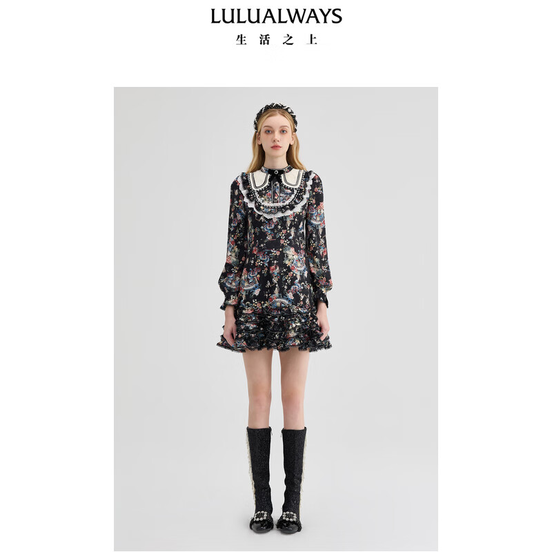 LULUALWAYS【商场同款】25冬季新款复古宫廷风洋气花边印花蛋糕裙 黑色  M