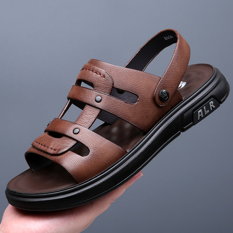 足力健爸妈鞋新款透气男鞋夏季真皮休闲爸爸凉鞋男两用防滑透气沙滩鞋