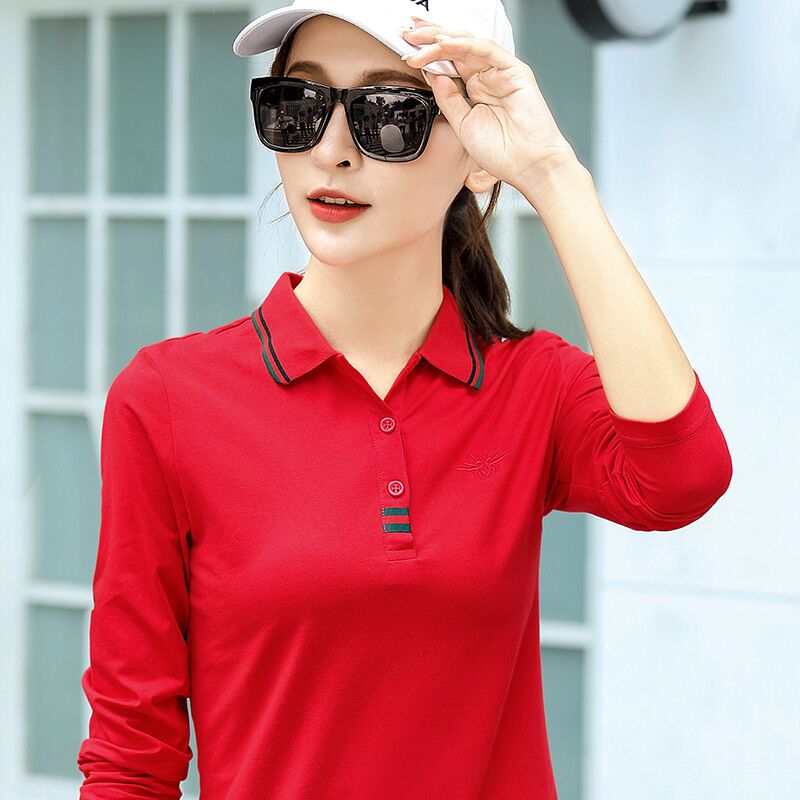 贞溪 长袖t恤女棉有带领子打底衫2022春秋装新款韩版时尚女装翻领运动