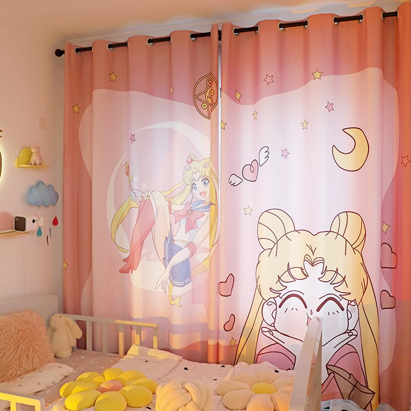 声筑小女孩房间窗帘免打孔安装粉色少女战士遮光儿童房卡通女孩卧室的