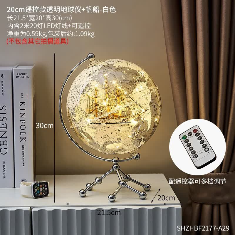透明地球仪创意摆件轻奢高档办公室桌面水晶球酒柜电视柜装饰品大 (带遥控款)20cm白色一帆风顺