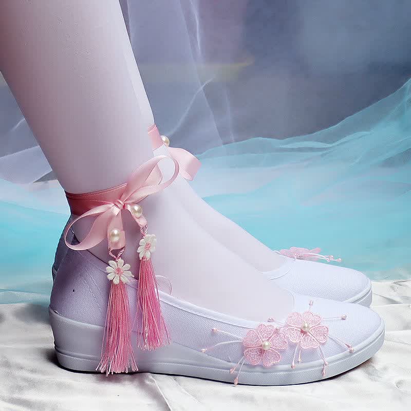 辅宾古风汉服鞋子女仙古装学生舞蹈白色帆布刺绣花平底坡跟绑带cos 新版彼岸花粉色平底1厘米 40属于什么档次？