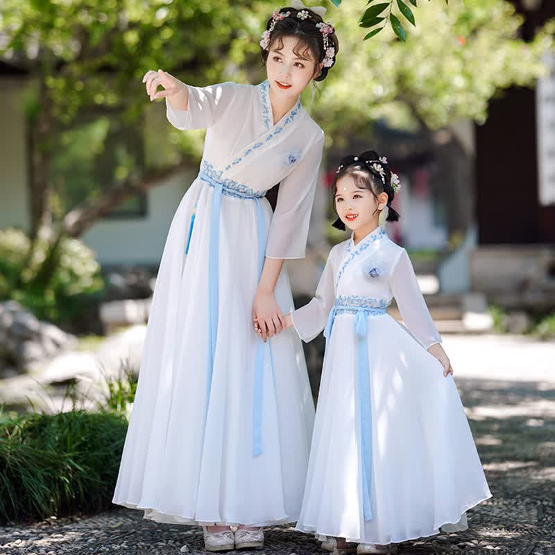 予瑾亲子装女童汉服春秋新款母女唐装国学汉服中国风齐腰襦裙连衣裙子 白色 130cm高性价比高么？