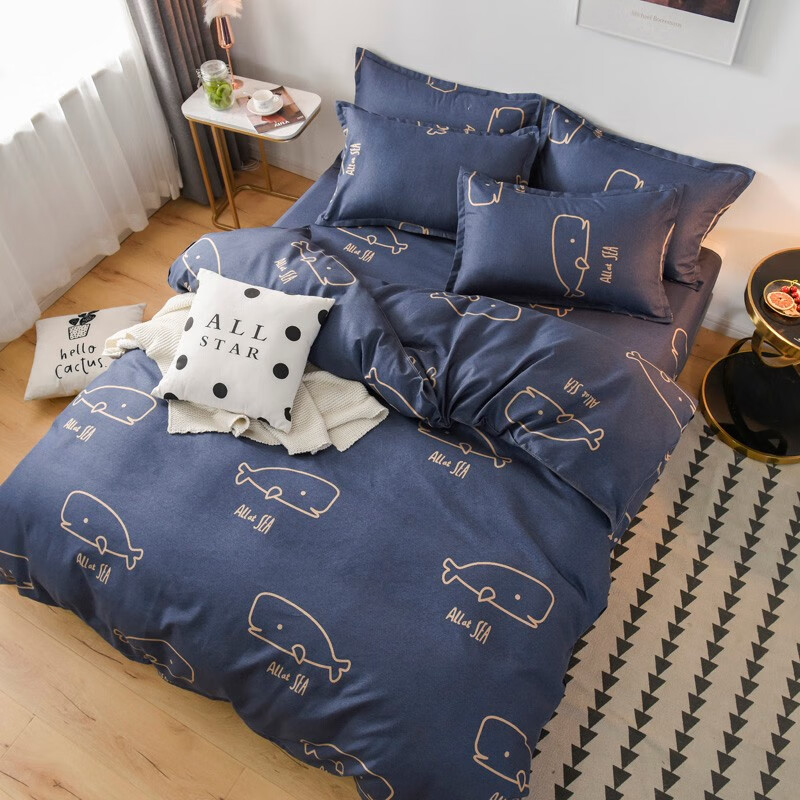 多兰诗（Duolanshi）磨毛四件套 斜纹印花卡通套件被套床单宿舍四季床上四件套 深海流动 1.5米 床笠款 -被套200*230 四件套