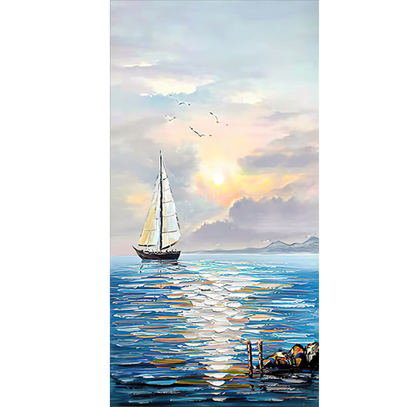 乔伊布依手绘大海一帆风顺油画挂画玄关装饰画入户走廊尽头竖版轻奢船