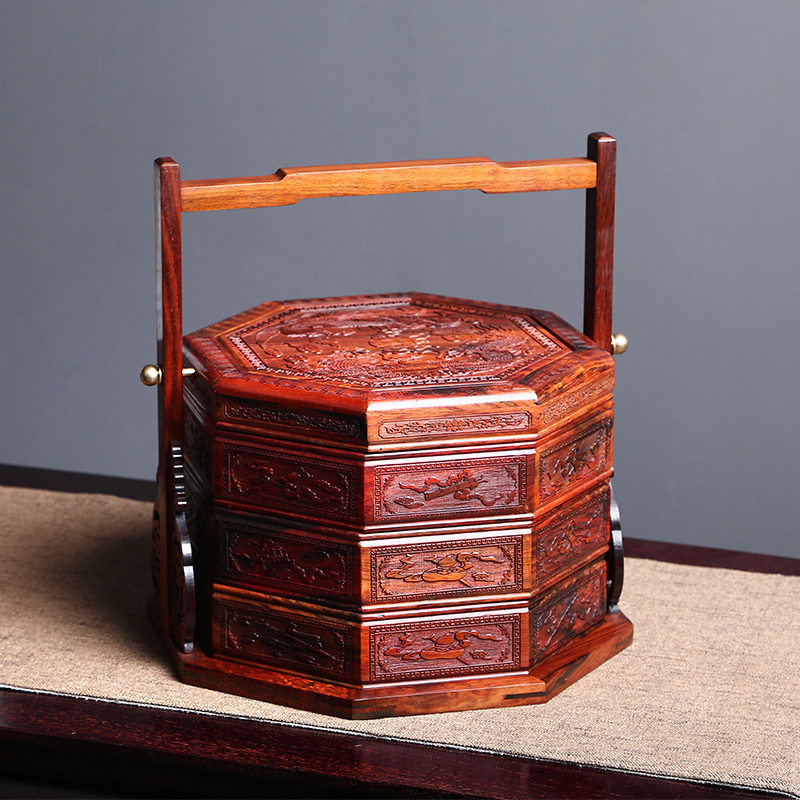 御木轩老挝大红酸枝八角三层提篮复古中式食盒古典家居摆件提盒点心