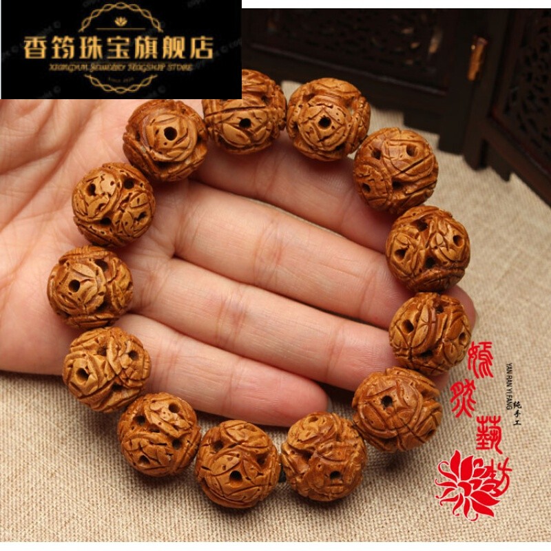 仙来阁  正宗桃核手链手串雕刻镂空财源滚滚本命年男女送女友15个长约