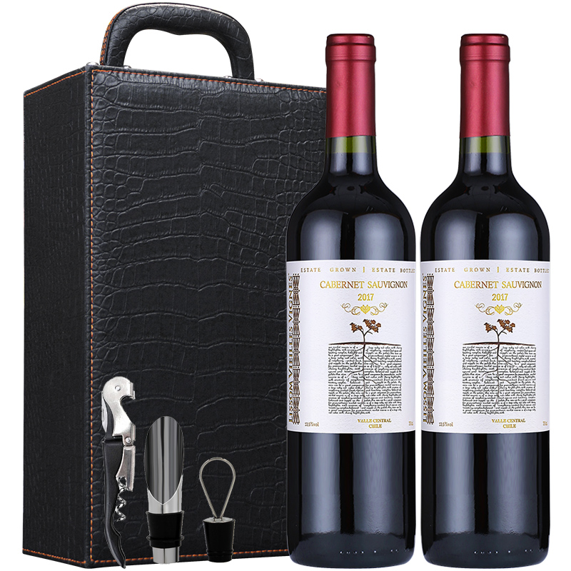 智利原瓶进口红酒 中央山谷百年藤品种级赤霞珠干红13.5度葡萄酒 750ml*2皮盒装