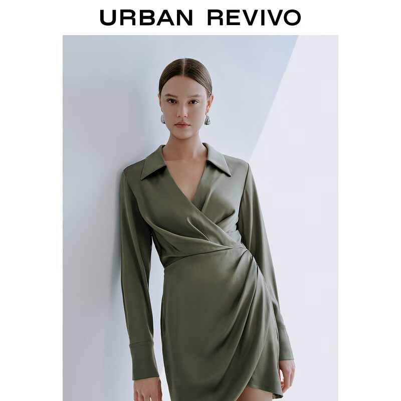 UR夏季新款女轻熟风通勤翻领薄款垂感衬衫连衣裙UWG732020 橄榄绿 M