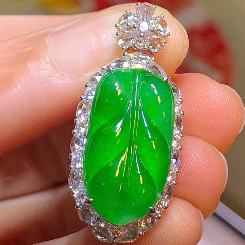 禧凤楼缅甸老坑a货冰种正阳绿叶子18k金镶嵌吊坠女士 阳绿